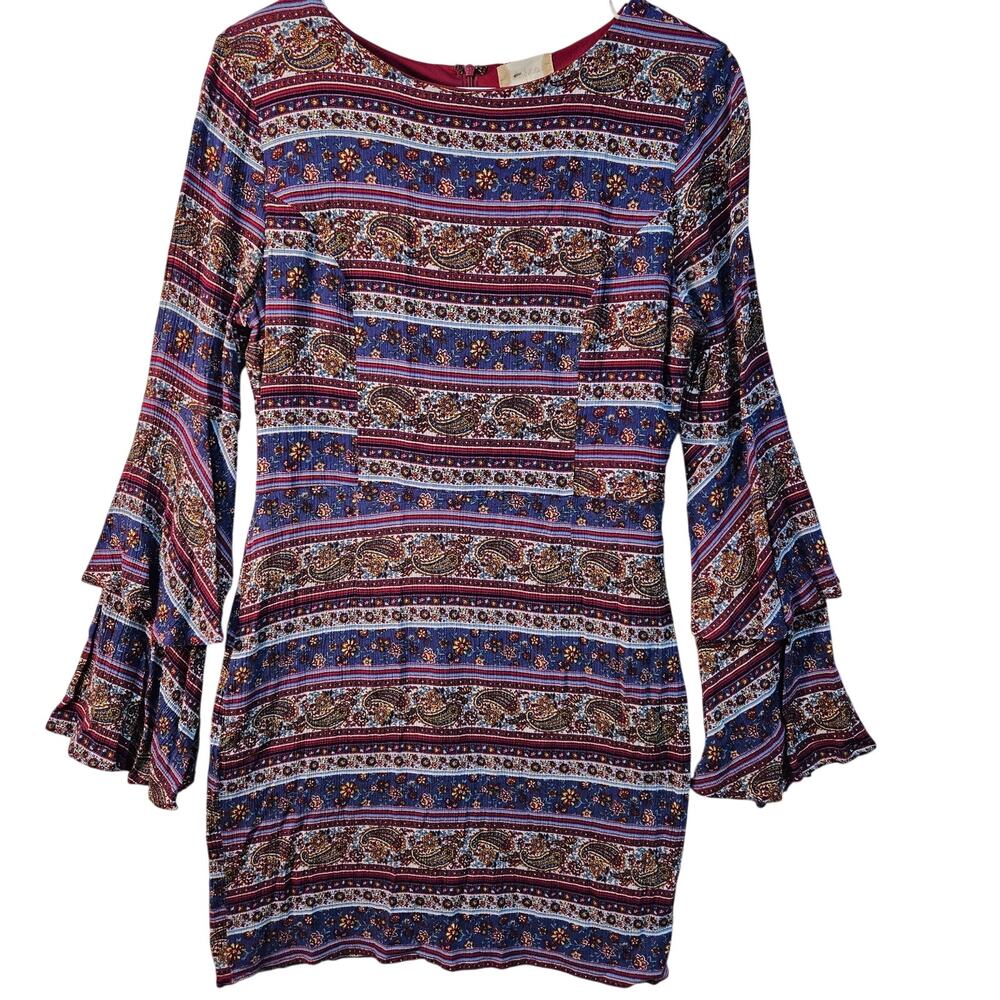 Altar'd State Burgundy Floral Paisley Dress Bell Sleeves Large Boho Career Retro - Picture 1 of 6